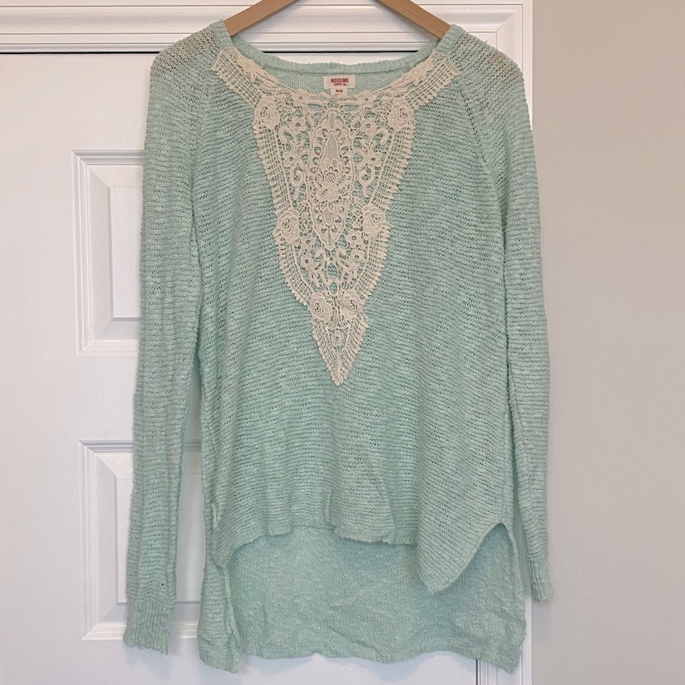 Mossimo blue/green sweater with cream lace detail, size M